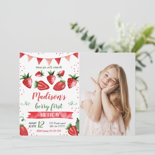 Aardbei foto uitnodiging (Staand voorkant)