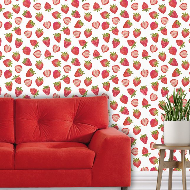 Aardbei fruit behang (Strawberry pattern red wallpaper)