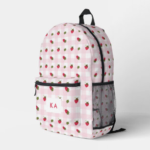 Aardbei Gingham Op Maat Gemaakt Monogram Roze Scha Bedrukte Rugzak