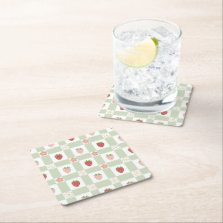Aardbei Gingham Pastelgroene Feest Kartonnen Onderzetters