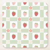 Aardbei Gingham Pastelgroene Feest Kartonnen Onderzetters (Voorkant)