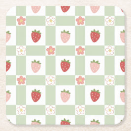 Aardbei Gingham Pastelgroene Feest Kartonnen Onderzetters