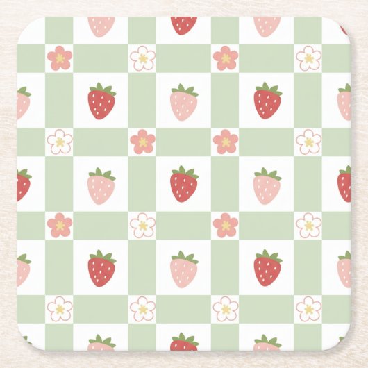 Aardbei Gingham Pastelgroene Feest Kartonnen Onderzetters (Voorkant)