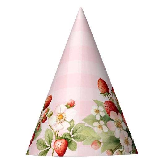 Aardbei gingham roze verjaardagsfeestje pet feesthoedjes (Voorkant)