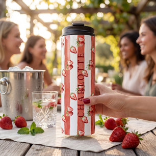 Aardbei Gingham Strik Rode Streep Waterverf  Thermosbeker