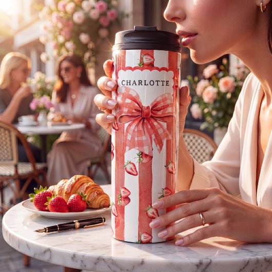 Aardbei Gingham Strik Rode Streep Waterverf Thermosbeker