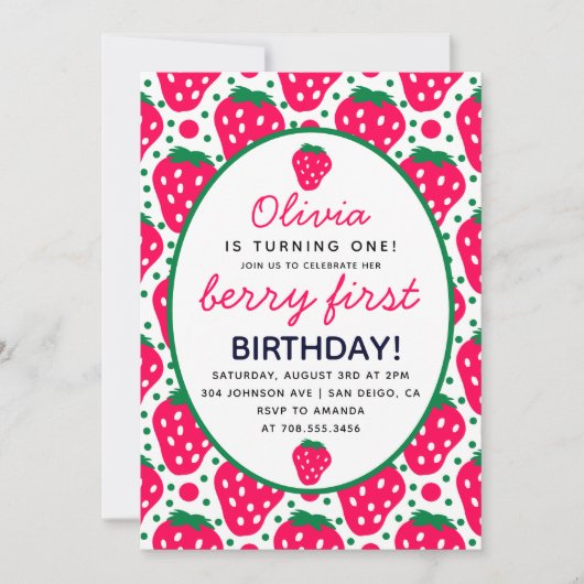 Aardbei Girl Berry 1st Birthday Party Modern Kaart (Voorkant)