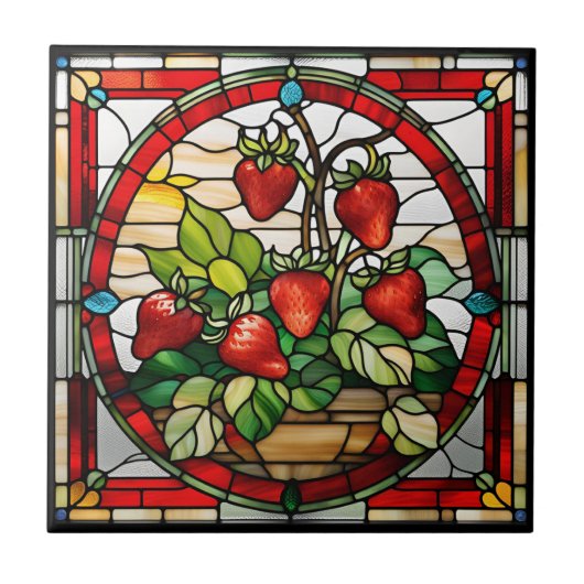 Aardbei Glas in lood Tegeltje (Voorkant)
