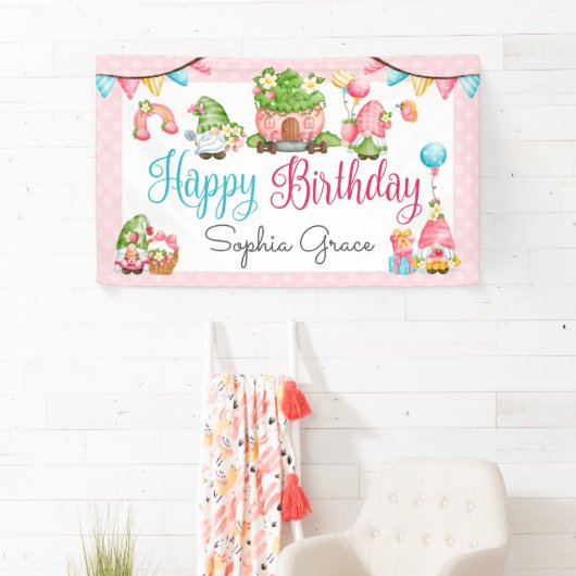 Aardbei Gnome Garden Little Girl's Birthday Spandoek (Insitu)