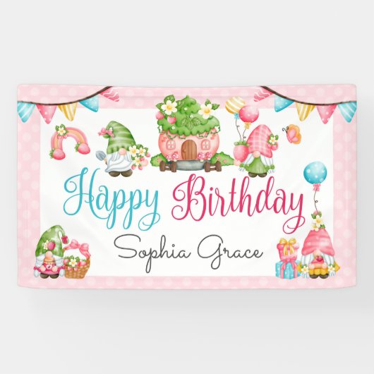 Aardbei Gnome Garden Little Girl's Birthday Spandoek (Horizontaal)