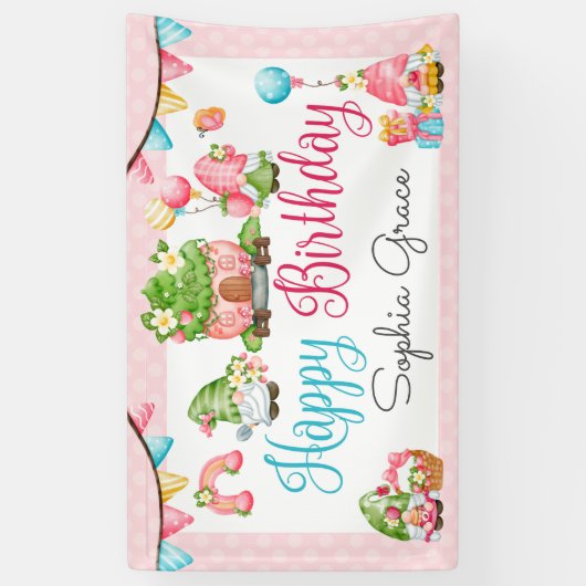 Aardbei Gnome Garden Little Girl's Birthday Spandoek (Verticaal)