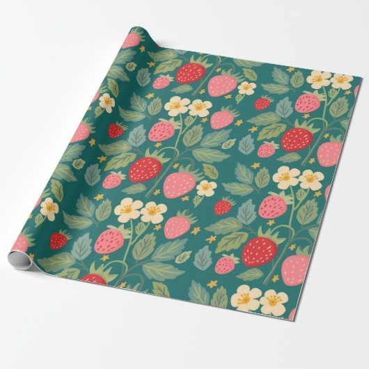 Aardbei Green Botanical Cadeaupapier (Uitgerold)