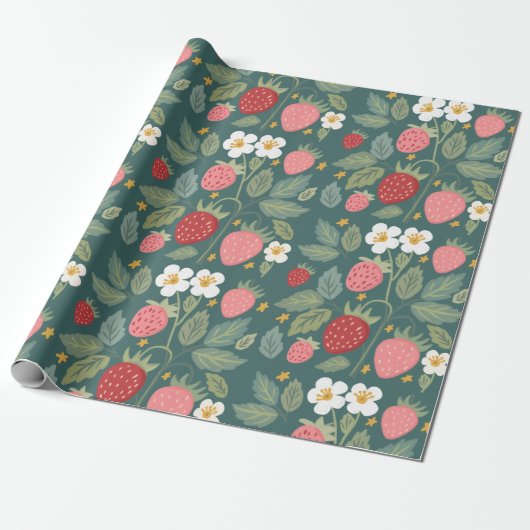 Aardbei Green Botanical Cadeaupapier (Uitgerold)