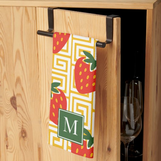 Aardbei Griekse Sleutel Monogram Theedoek (Derde Gevouwen)