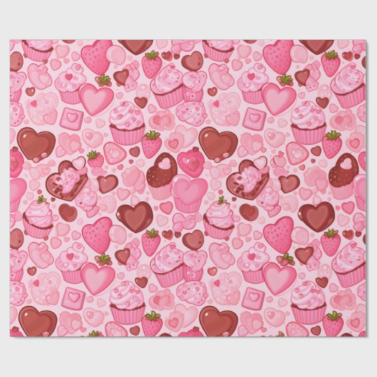 Aardbei Hart Cupcake Valentijn Naadloos Cadeaupapier (Vlak)