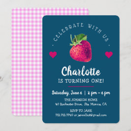 Aardbei Harten Verjaardagsmeisje Blauw Groen Bedankkaart