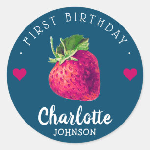 Aardbei Hearts Birthday Girl Blue Green Ronde Sticker