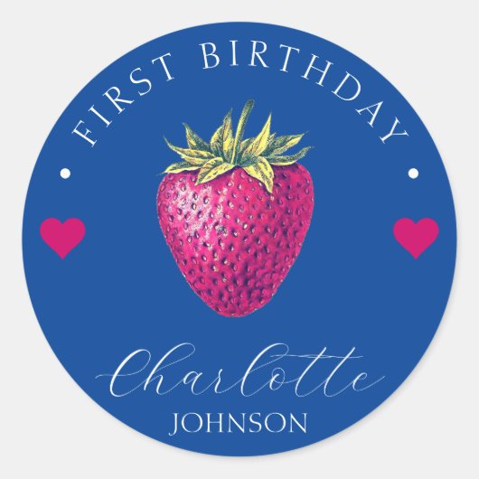 Aardbei Hearts Birthday Girl Dark Blue Ronde Sticker (Voorkant)