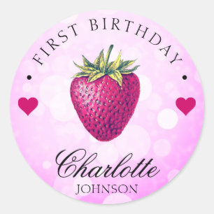 Aardbei Hearts Birthday Girl Pink Ronde Sticker