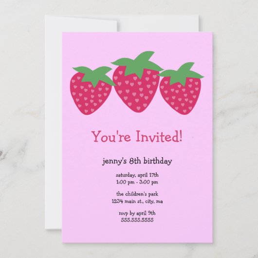 Aardbei Hearts Birthday Party Invitations Kaart (Voorkant)