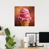 Aardbei Ice Cream Cone - schilderachtige stijl kun Poster (Thuiskantoor)