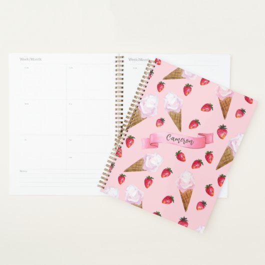 Aardbei Ice Cream Schattige Retro Roze Gepersonali Planner (Display)
