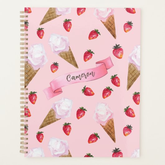 Aardbei Ice Cream Schattige Retro Roze Gepersonali Planner (Voorkant)