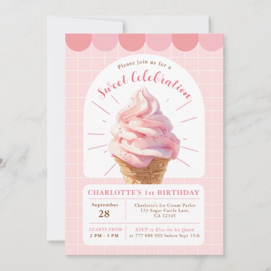 Aardbei Ice Cream Shop Uitnodiging voor verjaardag (Voorkant)