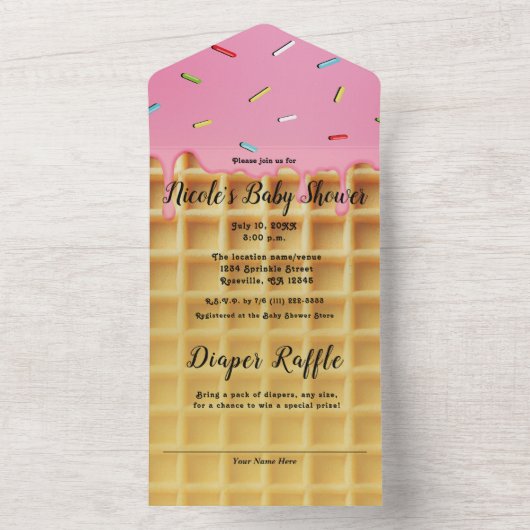 Aardbei Ice Cream Waffle Cone Verjaardag All In One Uitnodiging (Binnen)