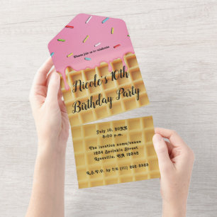 Aardbei Ice Cream Waffle Cone Verjaardag All In One Uitnodiging