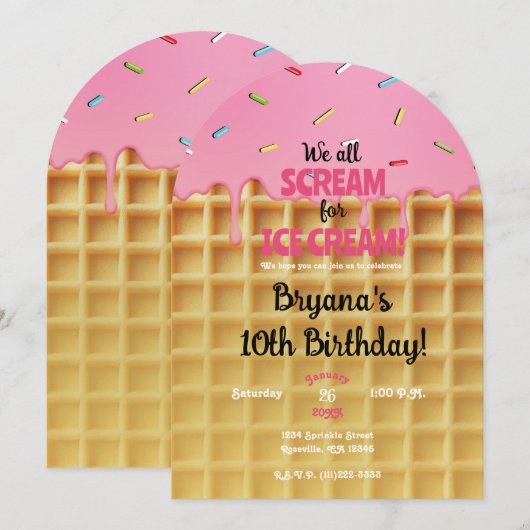 Aardbei Ice Cream Waffle Cone Verjaardag Kaart (Voorkant / Achterkant)