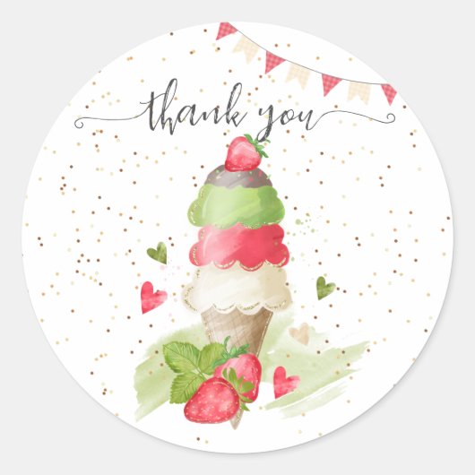 Aardbei ijs kegel "dank u" ronde sticker (Voorkant)