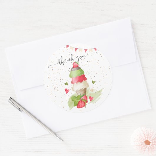 Aardbei ijs kegel "dank u" ronde sticker (Envelop)