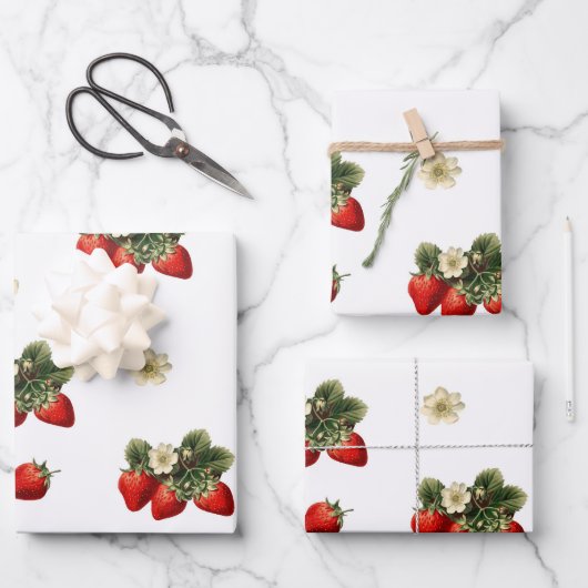 Aardbei inpakpapier met bloesems op wit (Voorkant)