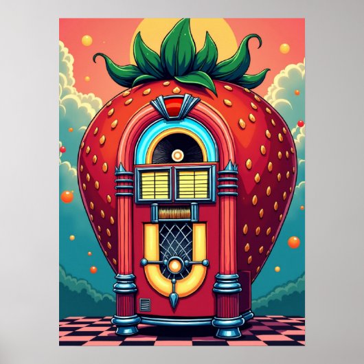Aardbei Jukebox: Retro Surrealisme Pop Art Poster (Voorkant)