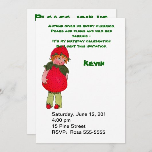  aardbei Kind verjaardagsfeestuitnodiging Kaart (Voorkant / Achterkant)