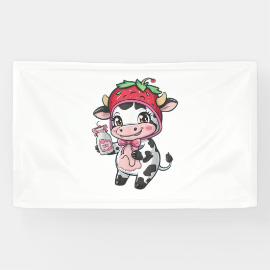 Aardbei Koe Kawaii Anime Aardbei Melk _2 Spandoek (Horizontaal)