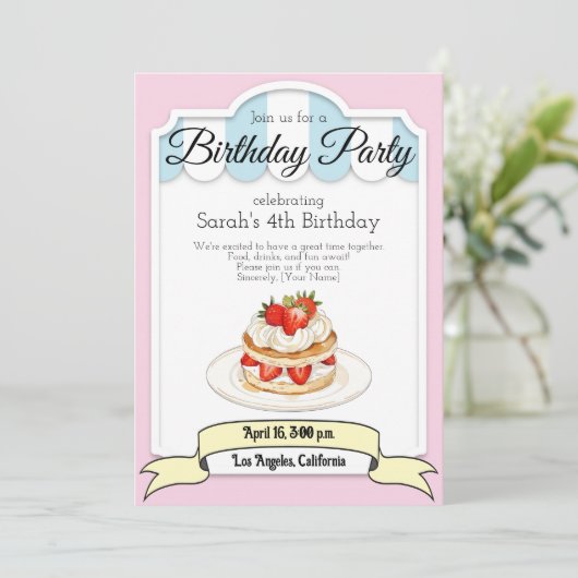 aardbei korte taart, verjaardagsfeestuitnodiging kaart (Staand voorkant)