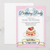 aardbei korte taart, verjaardagsfeestuitnodiging kaart (Voorkant / Achterkant)