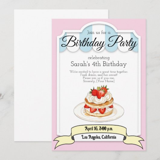 aardbei korte taart, verjaardagsfeestuitnodiging kaart (Voorkant / Achterkant)
