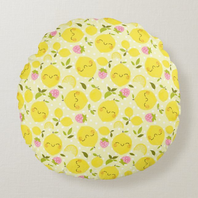 Aardbei Lemon Yellow Rond Kussen (Voorkant)