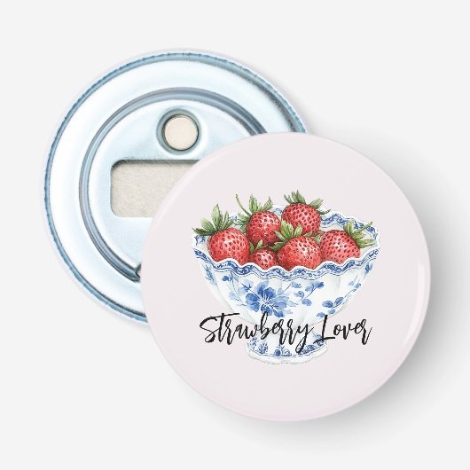 Aardbei Liefde Wit Blauwe Kom Button Flesopener (Voorkant)