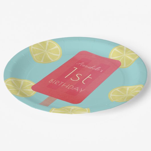 Aardbei limonade ijsje meisje verjaardag papieren bordje (Gekanteld)