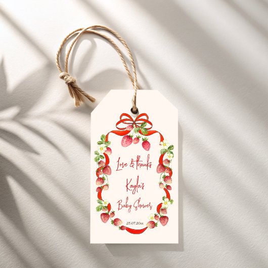 Aardbei lint boog coquette baby shower gunst cadeaulabel
