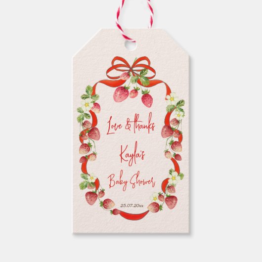 Aardbei lint boog coquette baby shower gunst cadeaulabel (Voorkant)