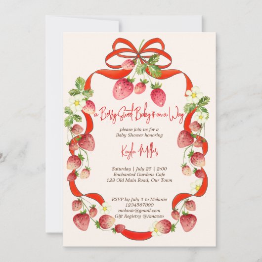 Aardbei lint boog coquette baby shower kaart (Voorkant)
