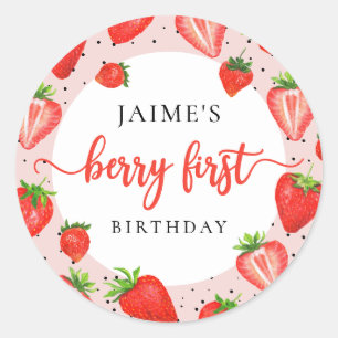 Aardbei Meisje 1e Verjaardag Berry Eerste Verjaard Ronde Sticker