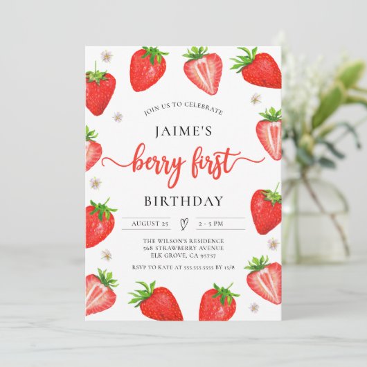 Aardbei Meisje 1e Verjaardag | Eerste zoete bessen Kaart (Staand voorkant)