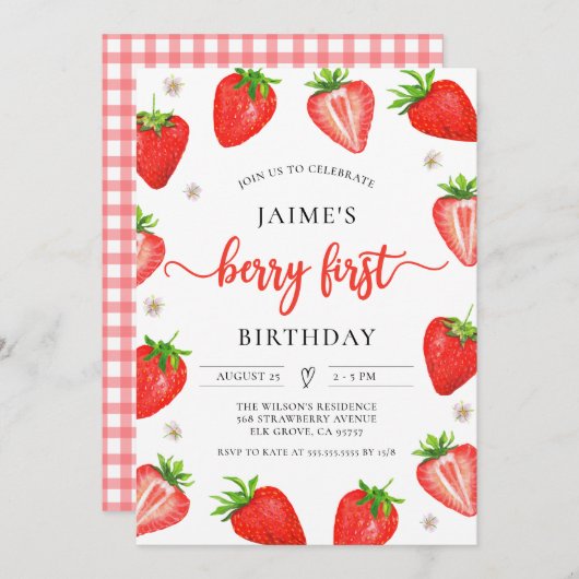 Aardbei Meisje 1e Verjaardag | Eerste zoete bessen Kaart (Voorkant / Achterkant)