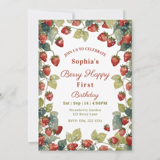 Aardbei  Meisje 1e Verjaardag Foto Kaart (Voorkant)